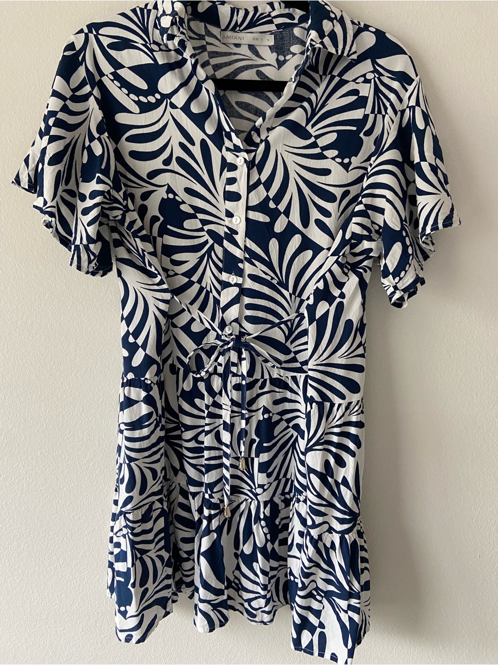 AMIANI Blue & White Palm Print Tiered Mini Dress - Size S